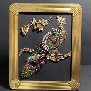 PEACOCK JEWELED PICTURE Gold Frame OOAK Artist Design Vtg Mod Jewelry 12x10